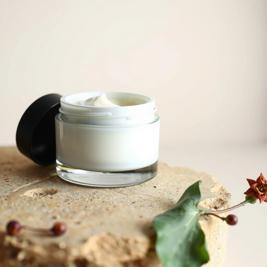Botanical skincare cream jar on stone texture